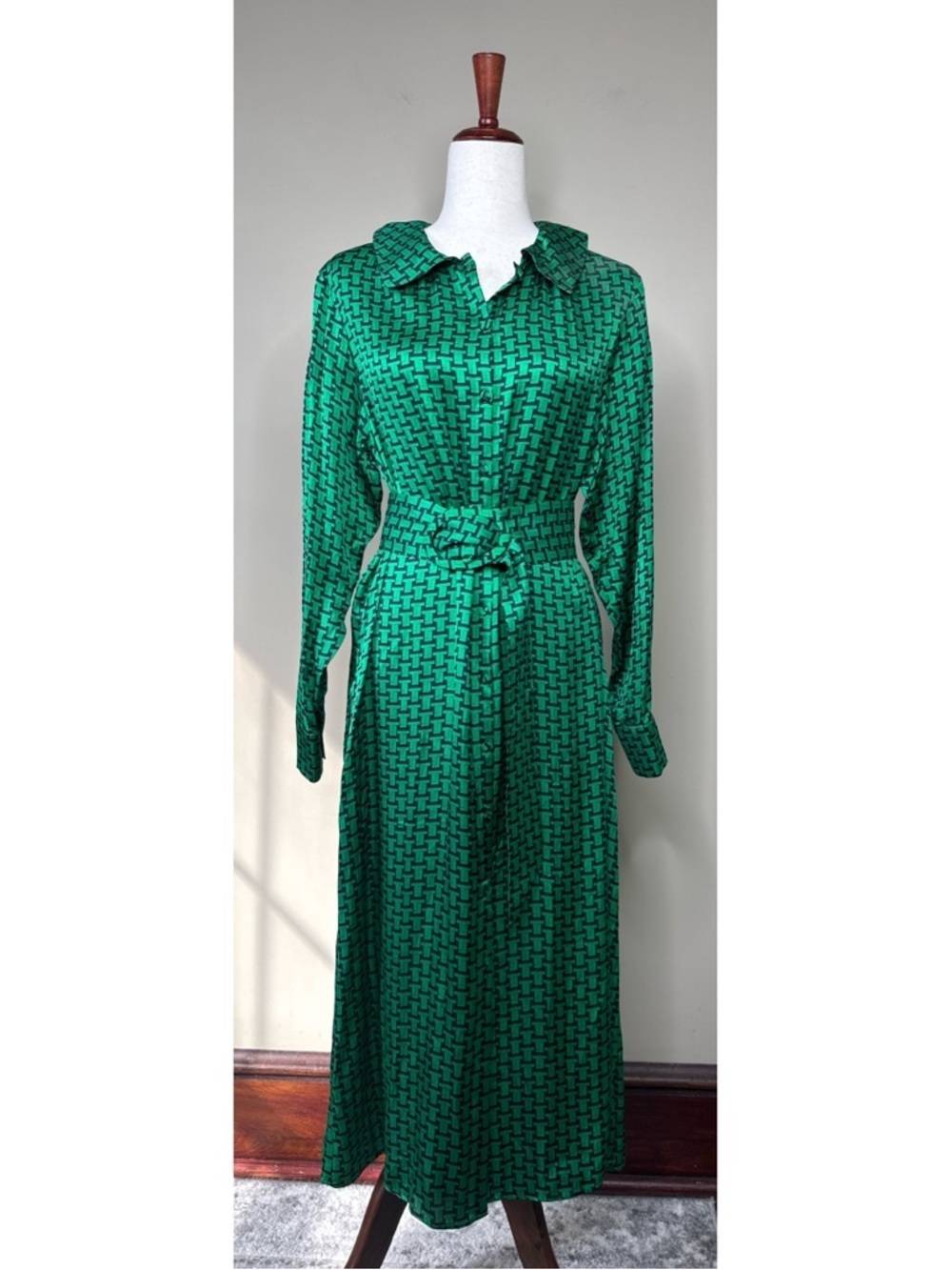 Tara Jarmon Rachele Emerald Green Geometric Long Sleeve Dress Size 38